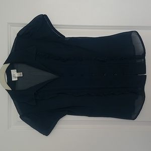 Dark Teal LOFT sheer blouse with ruffled front